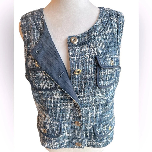 Caché Tweed Vest Blue & White with Silver Buttons Wool Blend Vest 12 - Picture 4 of 14